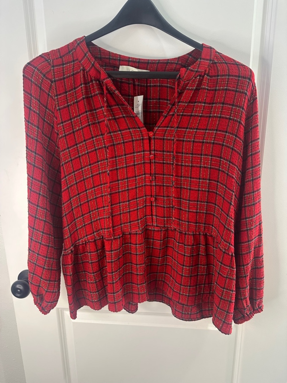 LOFT Plaid Red Button-Front Peplum Blouse - Women Size Medium